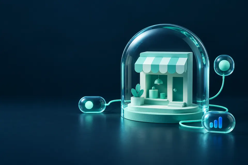 Mint storefront protected by a glass arch, connected to monitoring signals